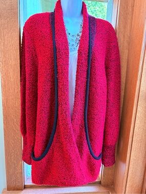 Vintage | Side Effects Open Cardigan Red Sweater Marled w Black Trim Pockets Lar